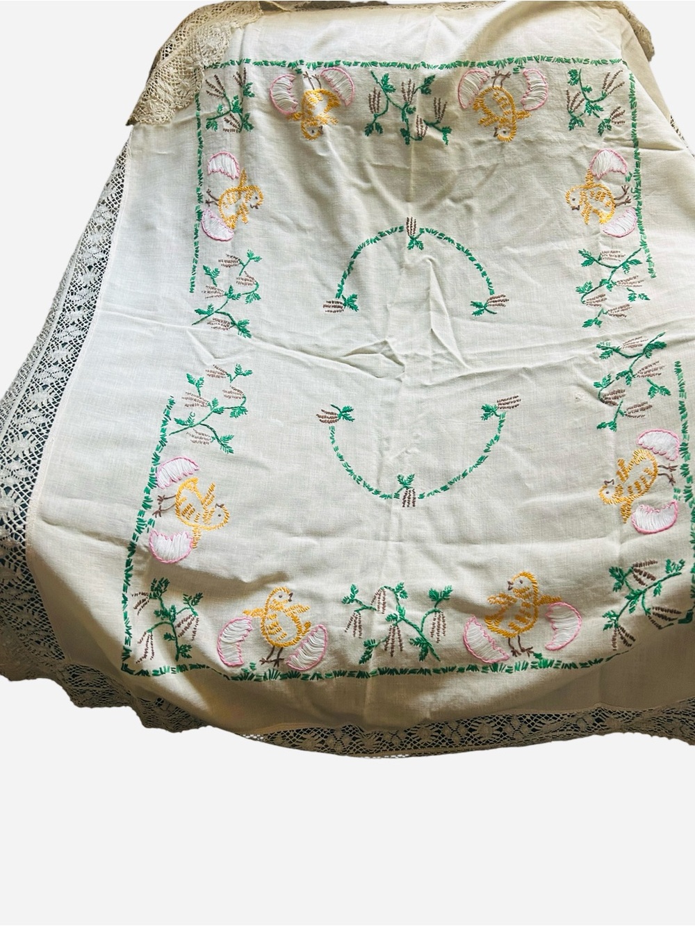 Vintage tablecloth hand-embroidered chicks flower motifs on white linen 42X 52”